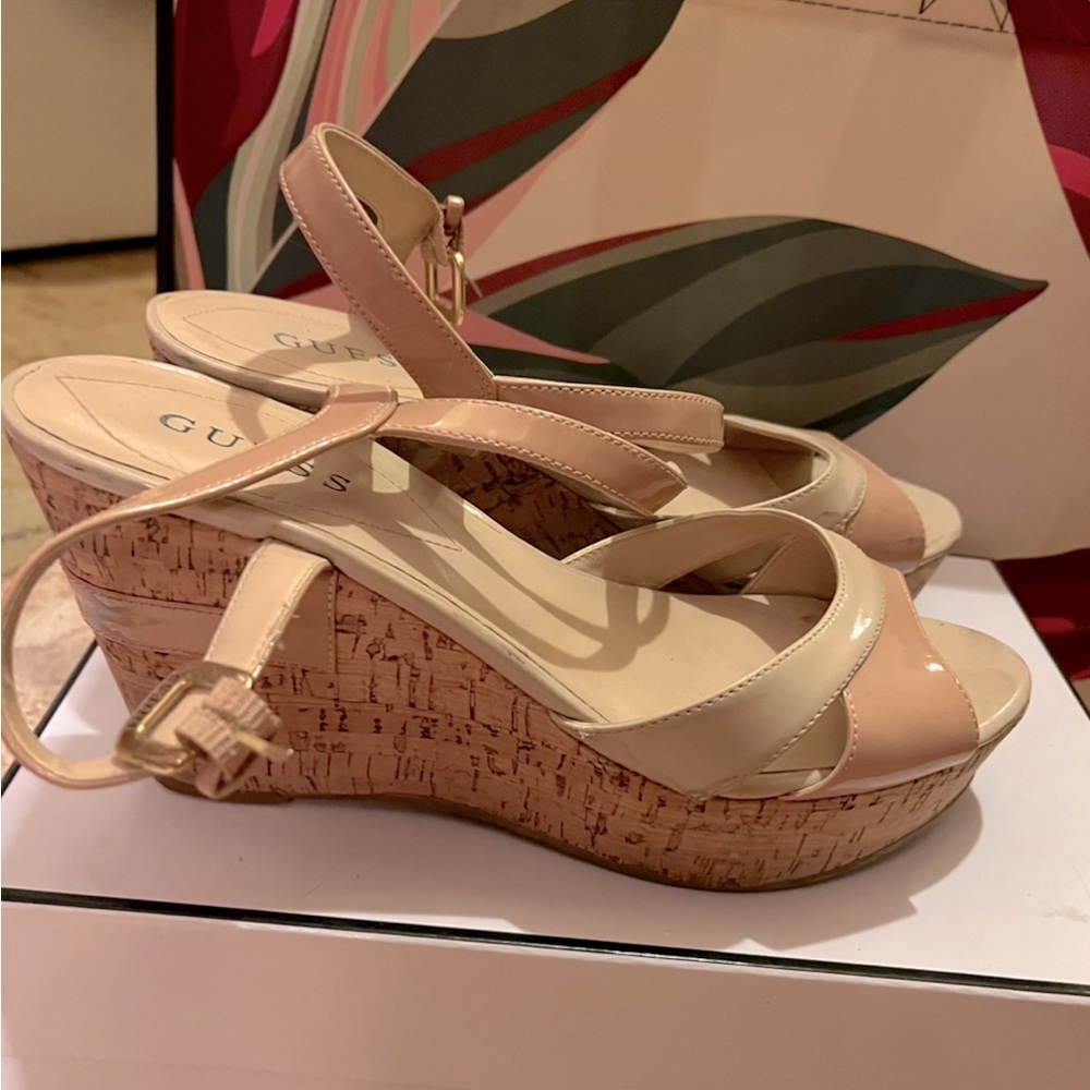 Guess Neutral & Blush- Wedge Sandals with Cork Platform Heels-Worn 1 Day - Picture 2 of 6